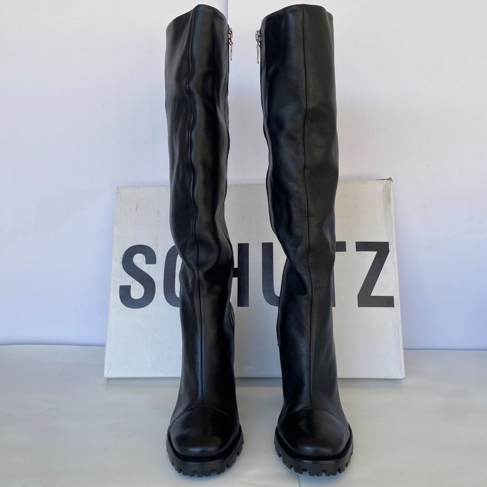 NIB SCHUTZ S-TALL BLACK LEATHER LUG SOLE KNEE HIGH BOOTS SZ 8.5 - Picture 3 of 13